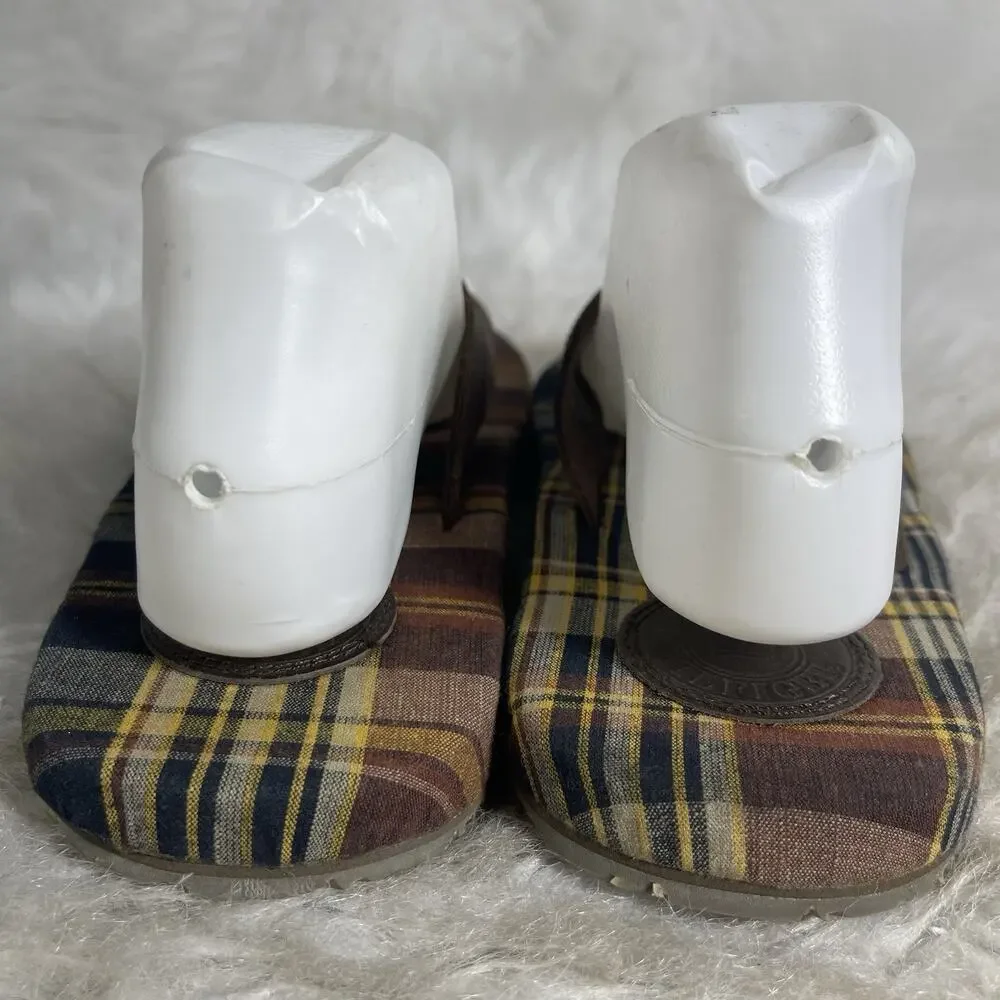 Tommy Hilfiger Flip Flops Mens 7M Brown Leather Plaid Thong Sandals